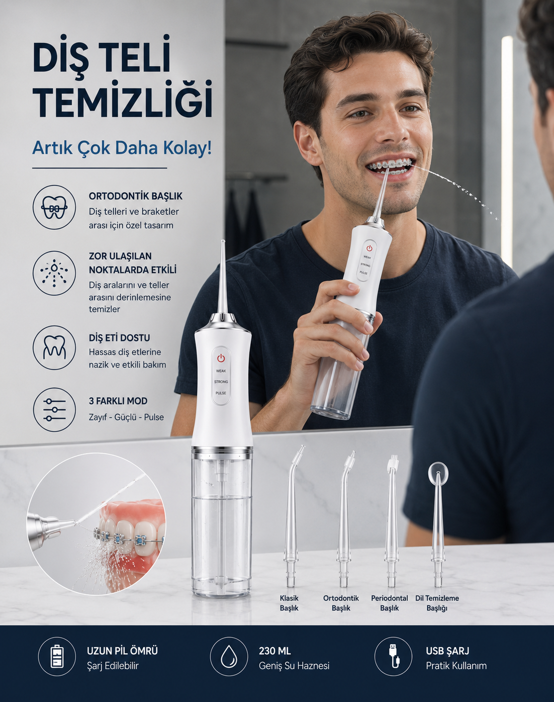 Oralvival Pro™ Taşınabilir Ağız Duşu - Diş, Dil ve Diş Teli Bakım Seti